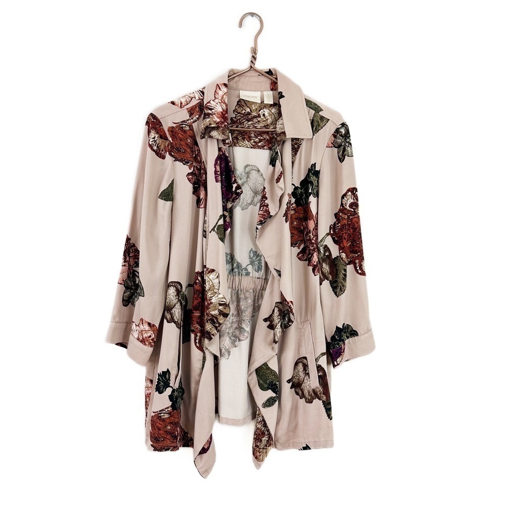 Chicos 3 Womens Large Soft Draped Twill Waterfall Floral Jacket Pink Open Front